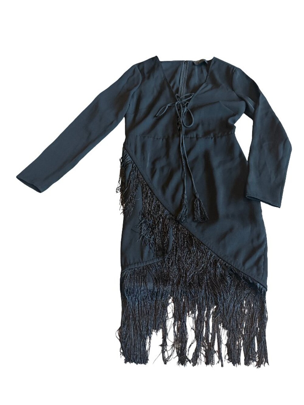 Michael Costello x Revolve Black Fringe Dress Long Sleeve Fitted Size Small
